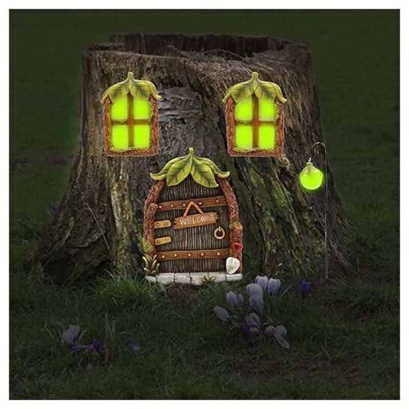Porte E Finestre Delle Fate In Miniatura Illuminate, Finestre E Porte Di Case In Miniatura, Porte Delle Fate Degli Gnomi In Miniatura E Statue Di Alberi, Porte Delle Fate Che Si Illuminano Al Buio E D
