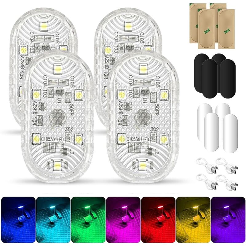 4 Luci Interne Per Auto, Luce Interna Per Auto Touch, Lampada Interna Per Auto, Led Per Interni Auto A 7 Colori, Luce Da Soffitto Per Auto Touch Ricaricabile Tramite Usb