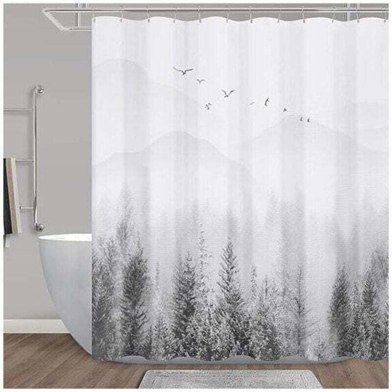 Tenda Da Doccia, Tenda Da Doccia Verde, Set Di Tende Da Doccia Con Motivo Di Alberi Di Montagna, Tende Da Doccia Grigie Per Il Bagno, Idrorepellenti, Hotel, 72 X 72 Pollici