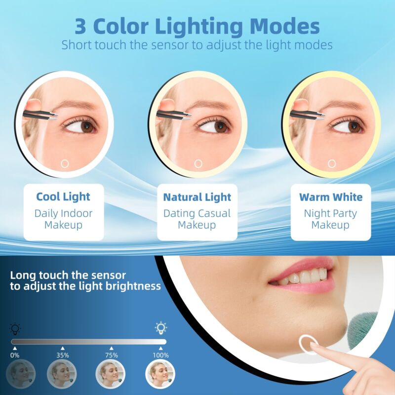 Specchio Ingranditore 30x Con Luce, Grande Specchio Da 15 Cm A 3 Colori Con Illuminazione Dimmerabile 30x Con 3 Ventose, Specchio Da Viaggio Ingranditore 30x, Specchio Per Il Trucco Ad Alto Ingrandime