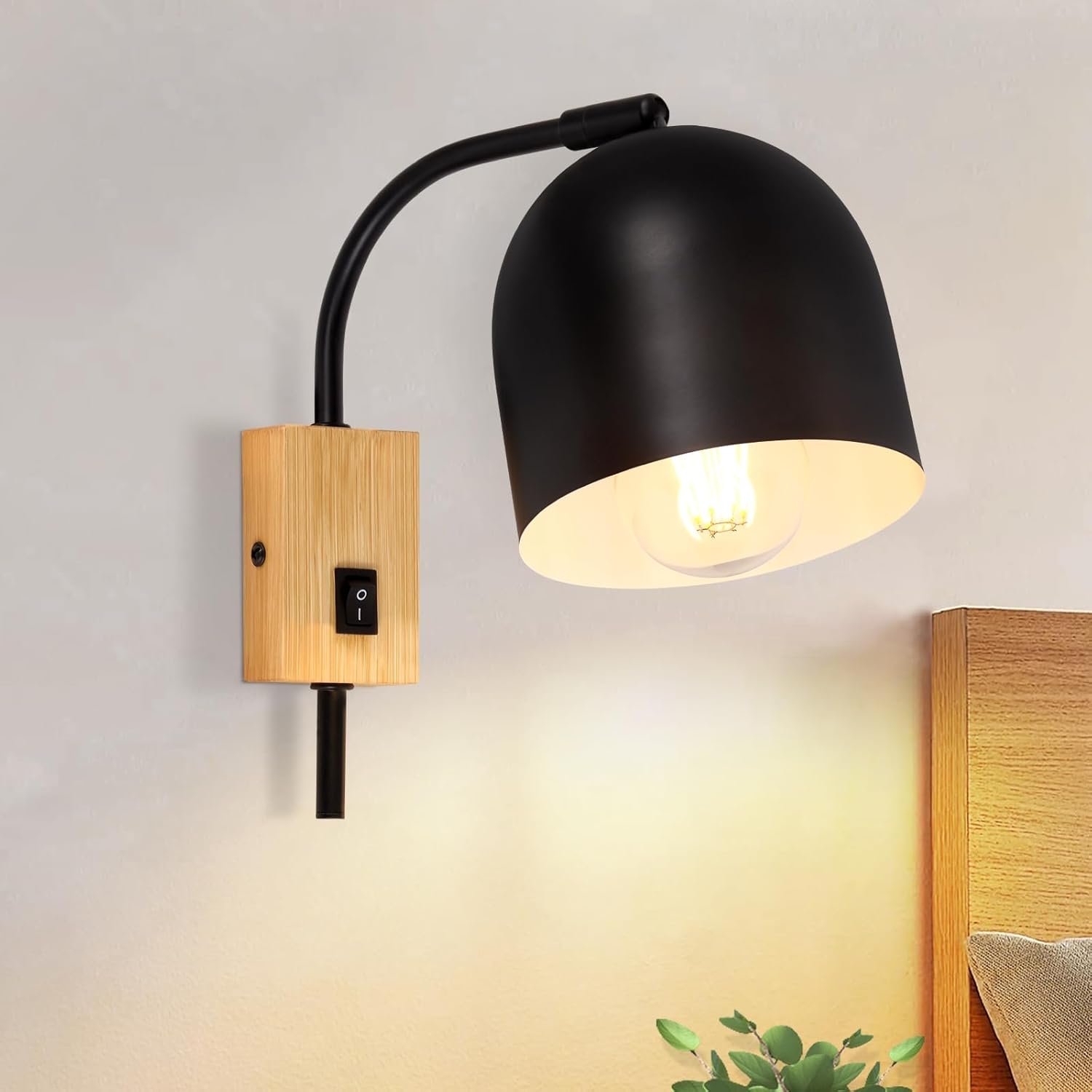 Gbly Lampada Da Parete In Legno Con Interruttore Luci Da Parete - Lampada Da Parete Vintage Interno Nero Metallo E27 330°rotante Lampada Da Parete Per Camera Dei Bambini Soggiorno Senza Lampadina