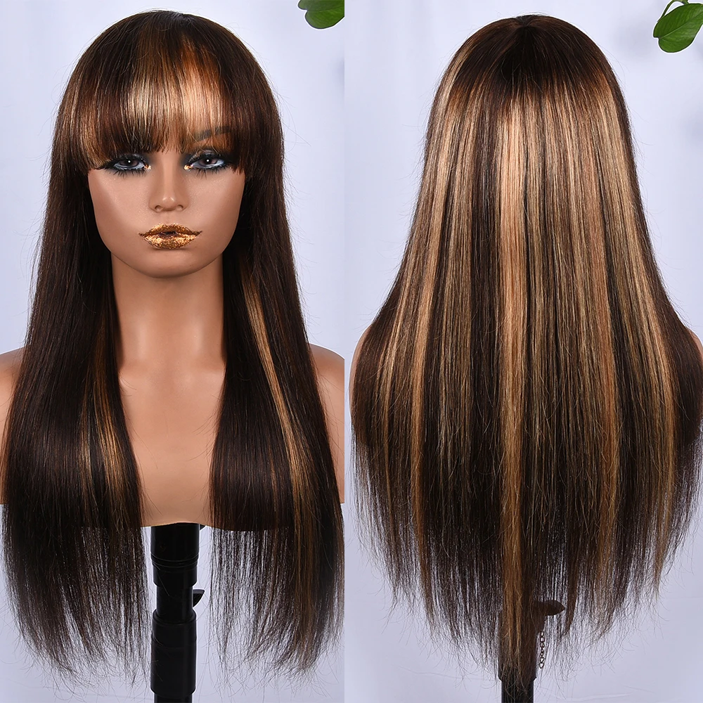 P4/27 Gerade Echthaar-Perücken mit Pony, maschinell hergestellte Highlight-Fransen-Perücken, Ombre, leimlose Perücken, Echthaar, 180 % HairUGo Image