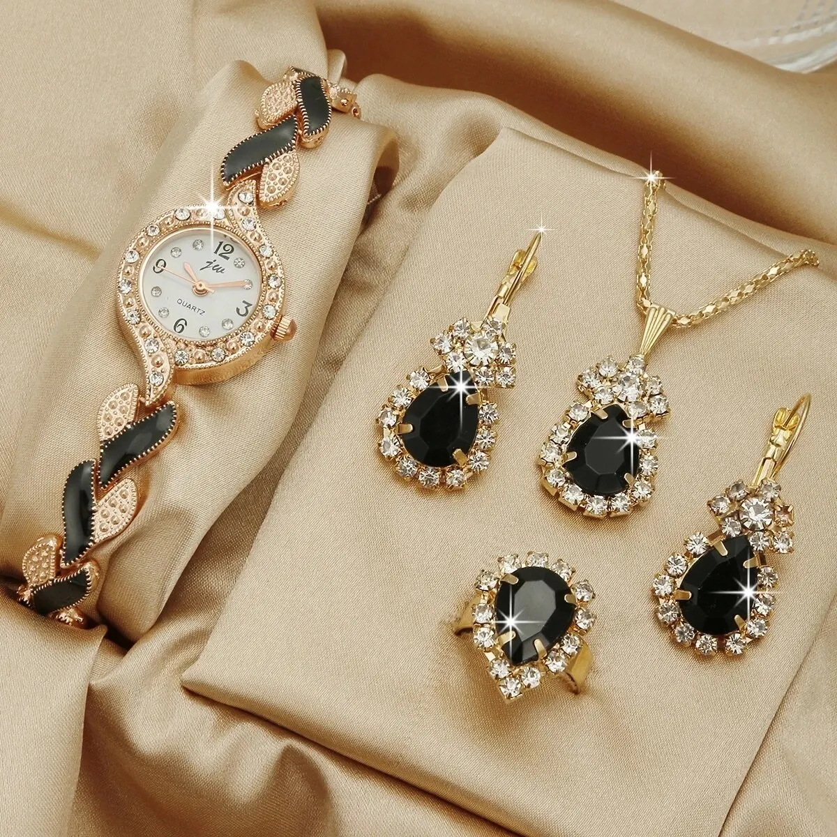 Frauen Uhr Hand Schmuck Set Diamant Armband Uhr + Wasser Tropfen Schmuck Set 5 teile/satz Image