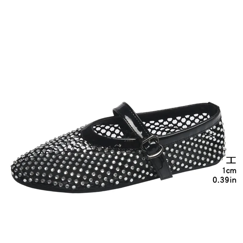 Sommer Strass Mesh Hohl Sandalen Plus Größe 43 Frauen Wohnungen Flach 2024 Neue Mary Jane Schuhe Komfort Luxus Weibliche Flache schuhe