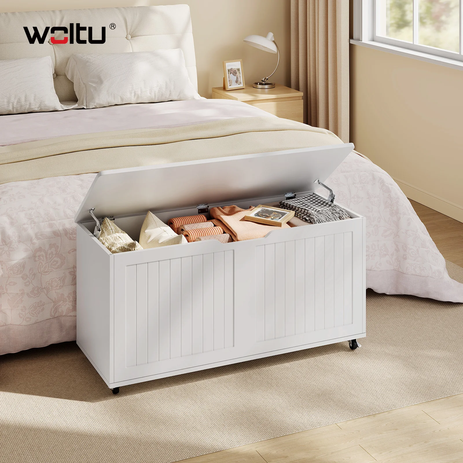 WOLTU Aufbewahrungsbank mit Rollen, Sitztruhe mit Deckel, Sicherheitsscharnier, Spielzeugtruhe, Holzschuhbank für Flur, Schlafzimmer, Wohnzimmer