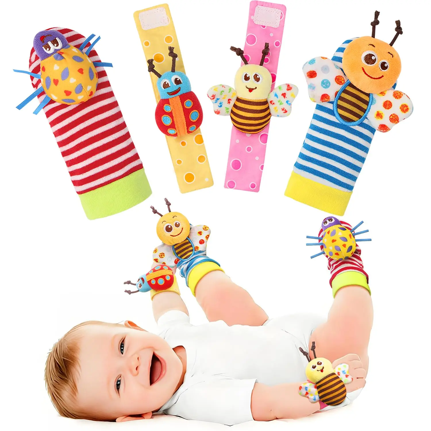 Handgelenk-Rasselsocken und Fußfinder-Set, Spielzeug für Babys von 0-36 Monaten, Neugeborenen Hand- und Fußspielzeug für 0 bis 3 Jahre Image