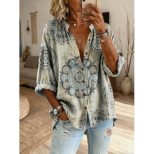 Per donna Camicia Blusa Patchwork Bottoni Floreale Grafico Paisley Vintage Elegante Classico Manica Lunga Scollo a V Colletto a Camicia Scollo profondo Top lunghi Casuale Quotidiano Ferie Blu Verde