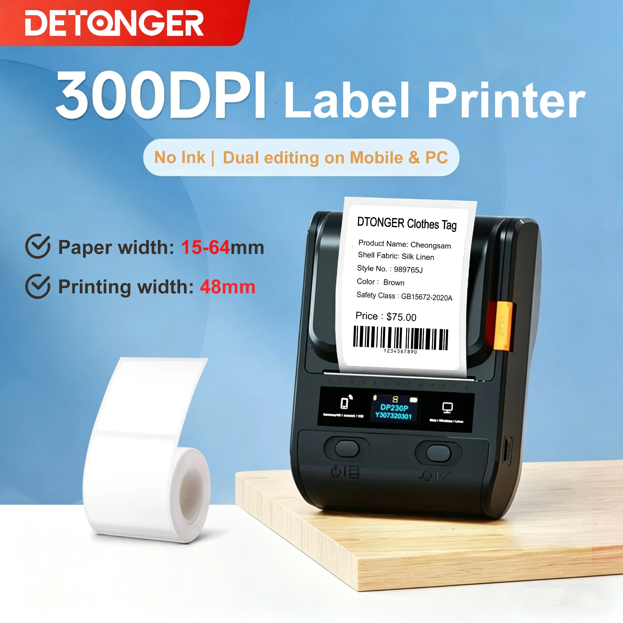 DETONGER 300DPI DP230S/DP30S Multifunktionaler Kabelloser BT Mobiler Barcode-Thermoetikettendrucker für Android iOS Image