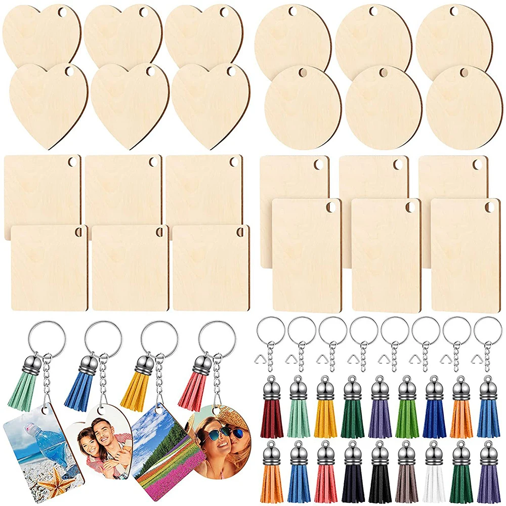 96 Stück unvollendete Holz-Schlüsselanhänger, blanko, sublimierter Schlüsselanhänger, Schlüsselanhänger mit Lederquaste für die Dekoration, DIY-Handwerksanhänger Image
