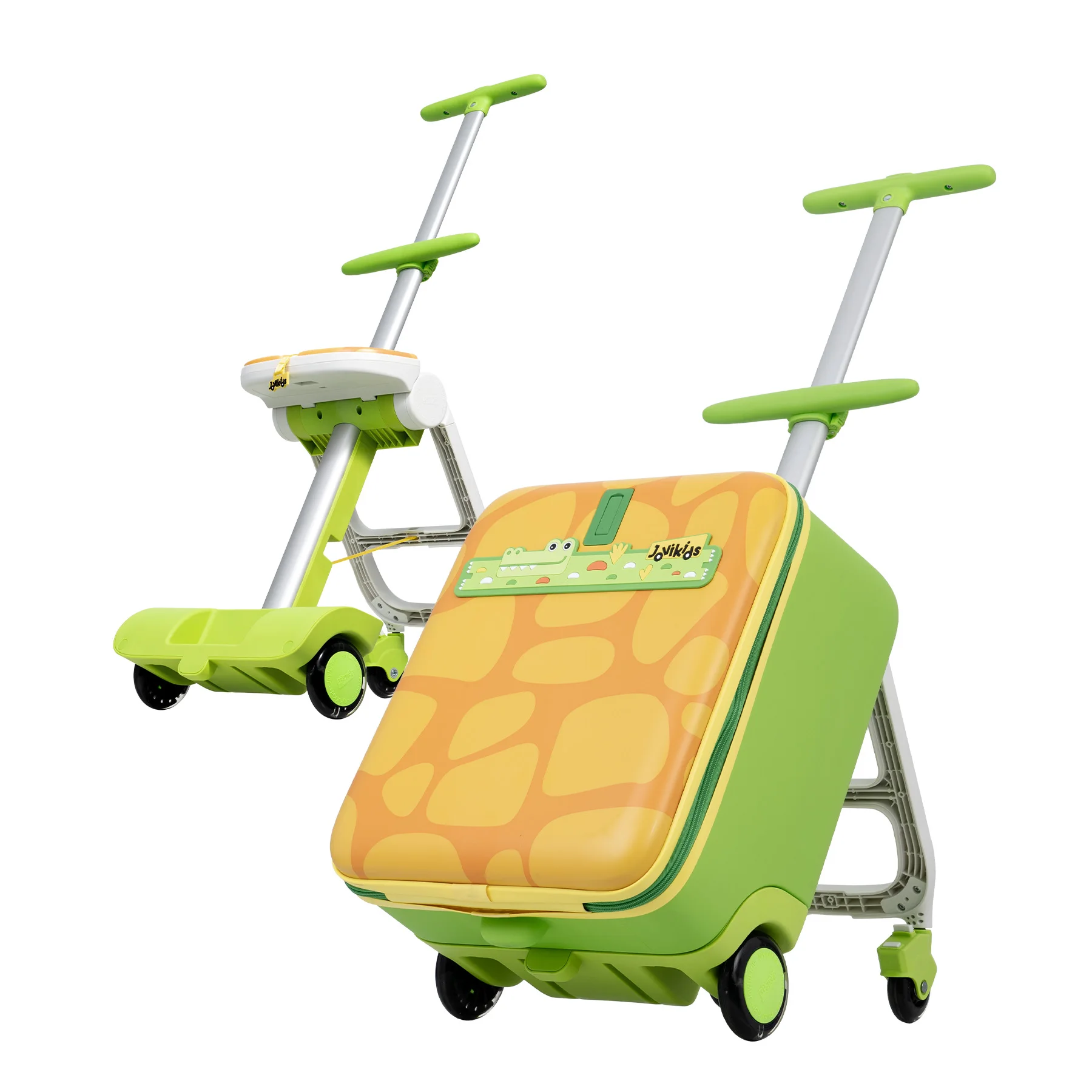 3-in-1 32L Kinder-Reisekoffer zum Aufsitzen, faltbarer und abnehmbarer Reisetrolley mit Teleskopgriff und 4 Rädern, mehrere Fächer – Grün für Jungen und Mädchen Image