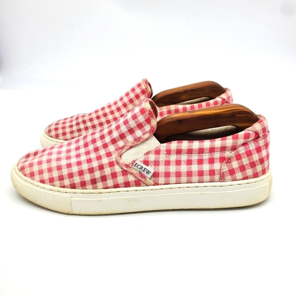 J. Crew Shoes | J Crew Shoes Women 9.5 Say567 Pink & White Checked Road Trip Canvas Slip-On | Color: Pink/White | Size: 9.5