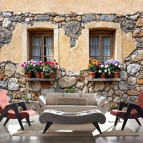 Wandteppich mit rustikalem Steinwand-Fenstermotiv, europäischer Blumentopf-Innenhof-Hintergrund für Wohn- und Schlafzimmerdekoration Image