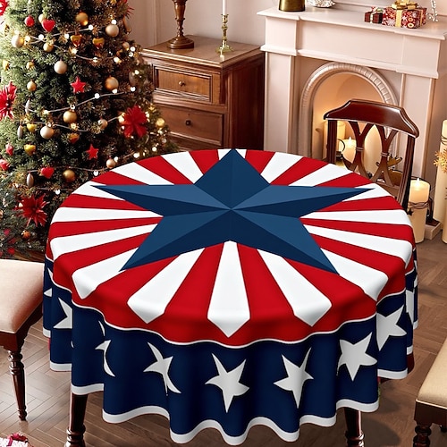 Runde Tischdecke mit patriotischem Sternenmuster, 250. Jahrestag (1776–2026), rot-weiß-blaue Tischdecke, fleckenabweisendes Polyester, Dekoration für die Feierlichkeiten zum Unabhängigkeitstag Image