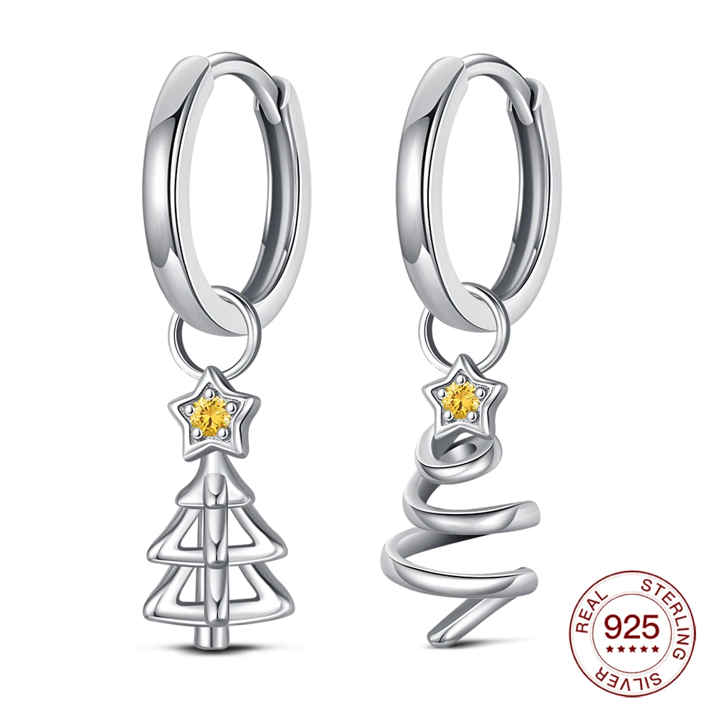 Neue 925 Sterling Silber Weihnachtsbaum-Creolen Hypoallergene Ohrringe Asymmetrischer Feiertagsschmuck Geschenk für Frauen Image