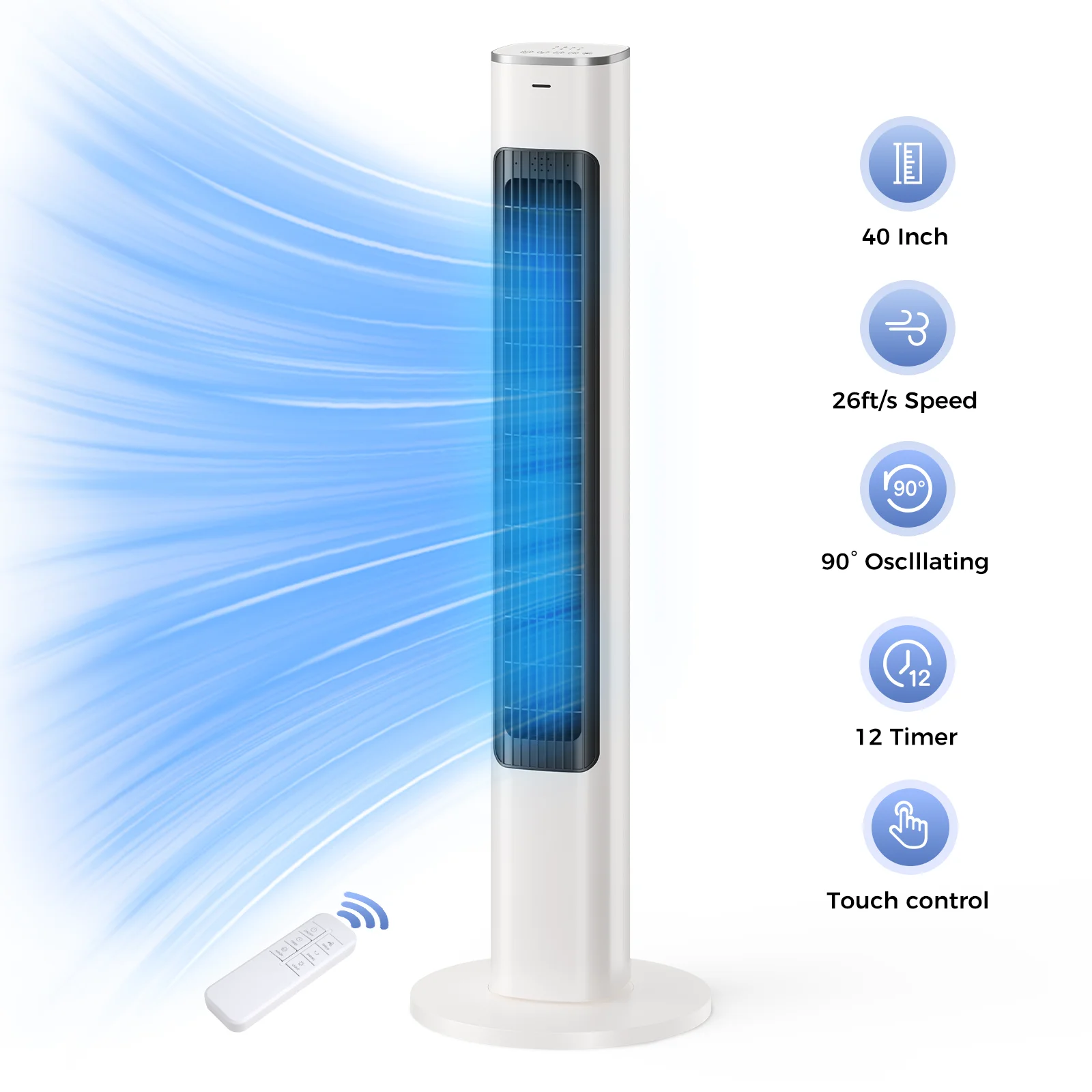 Patbrela 40-Zoll-Elektro-Turmventilator, 4 Geschwindigkeiten, 51 ° Oszillation, Fernbedienung, 12-Stunden-Timer, 45W mit Touch-Steuerung Image