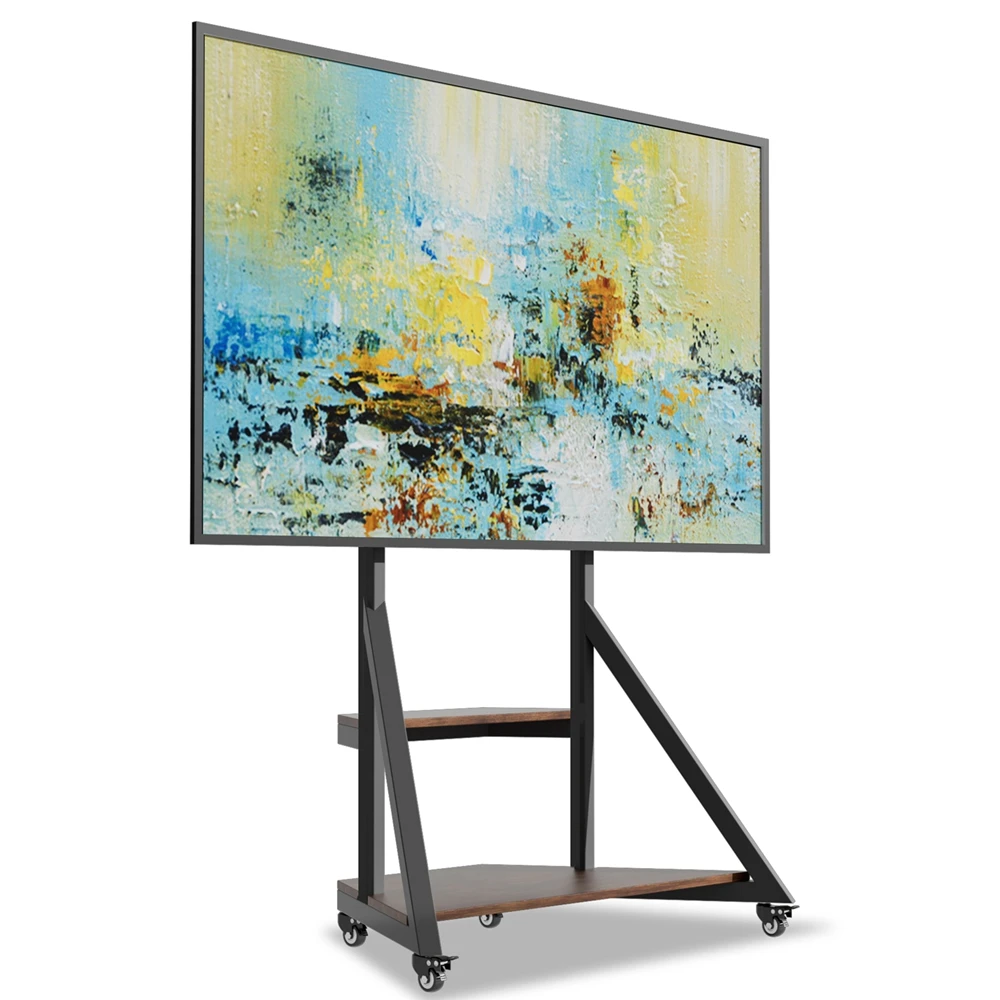 Support TV sur roulettes réglable en hauteur avec 2 étagères en bois et roulettes, charge maximale 80 kg pour téléviseurs LCD LED de 40 à 75 pouces