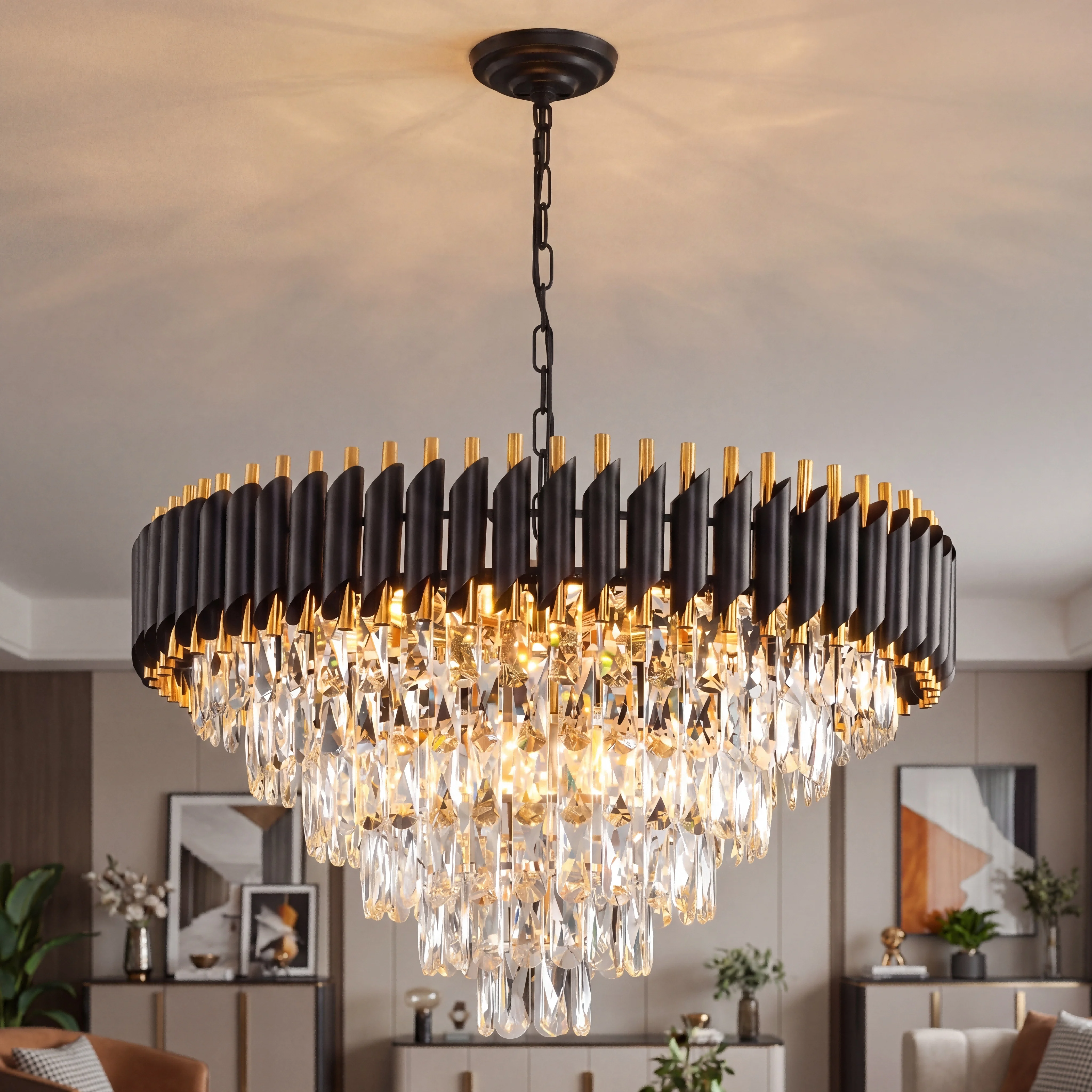 Moderner Schwarz-Gold Kristall-Kronleuchter, Regentropfen-förmige Verstellbare Hängelampe für Wohnzimmer/ Esszimmer/ Kücheninsel Image