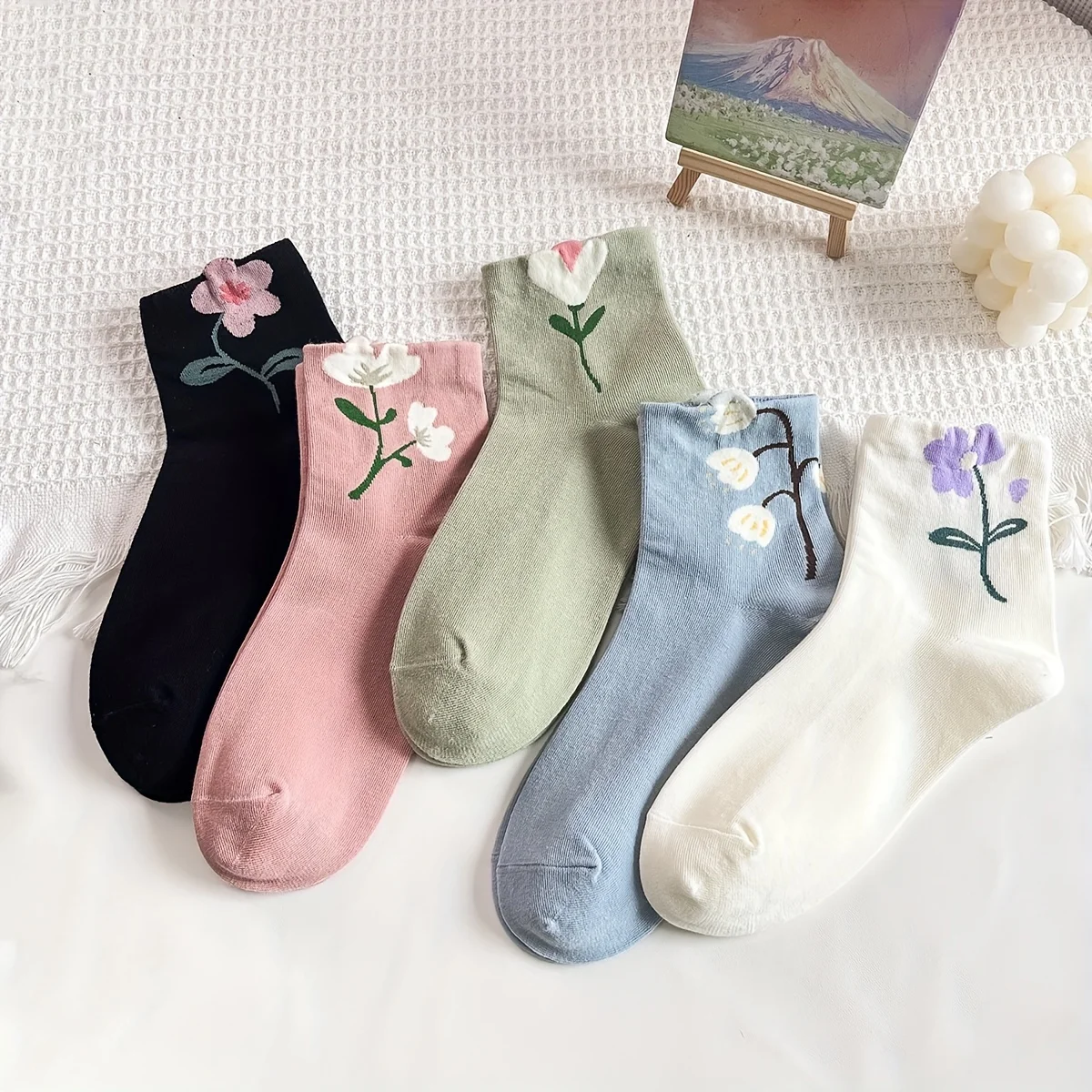 5 Paar süße, bonbonfarbene Socken mit Tulpenmuster für Mädchen, Herbst und Winter, lässig, atmungsaktiv, mittellange Socken, mehrfarbig Image