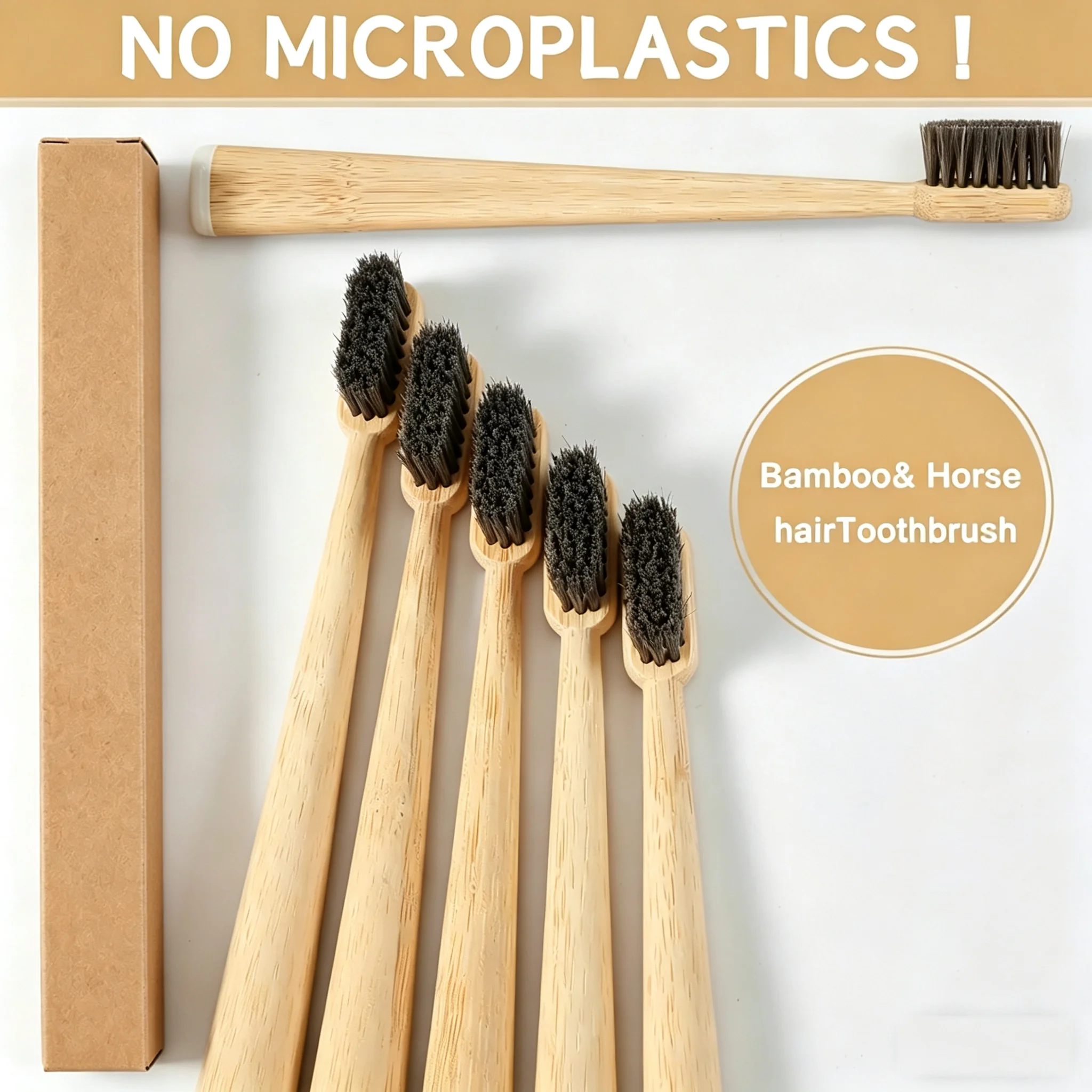 4er-Pack Pferdehaar- & Bambus-Zahnbürsten - Luxuriöse & Weiche Pferdehaare - Vollständig Biologisch Abbaubar - Plastik- & Nylonfrei - Schnell Trocknendes Design Image