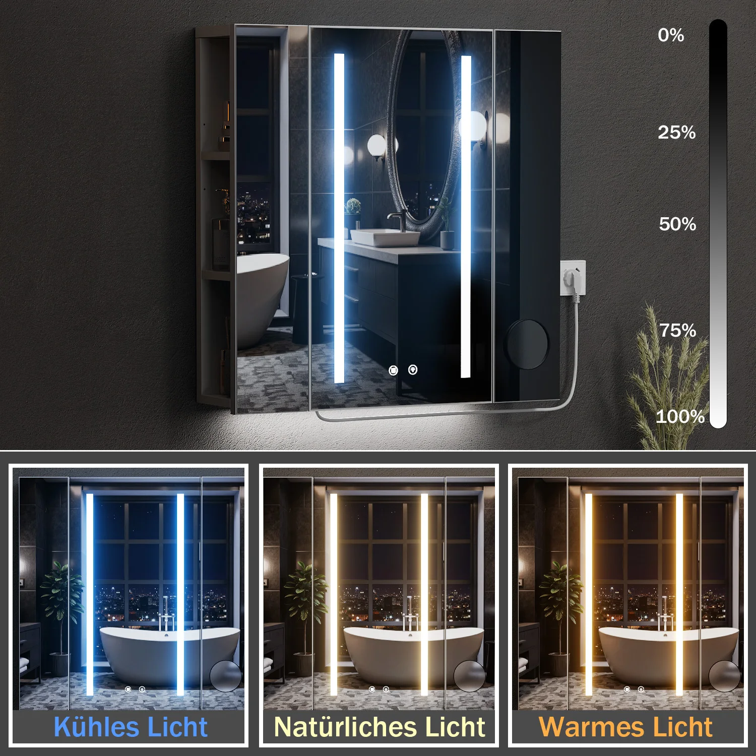 Badezimmerschrank mit Spiegel, Ladestation (2 AC/2 USB), 60 cm Sensorlicht, 3 Einstellbare Beleuchtungsmodi, Beschlagfreier Spiegel, Wohnmöbel