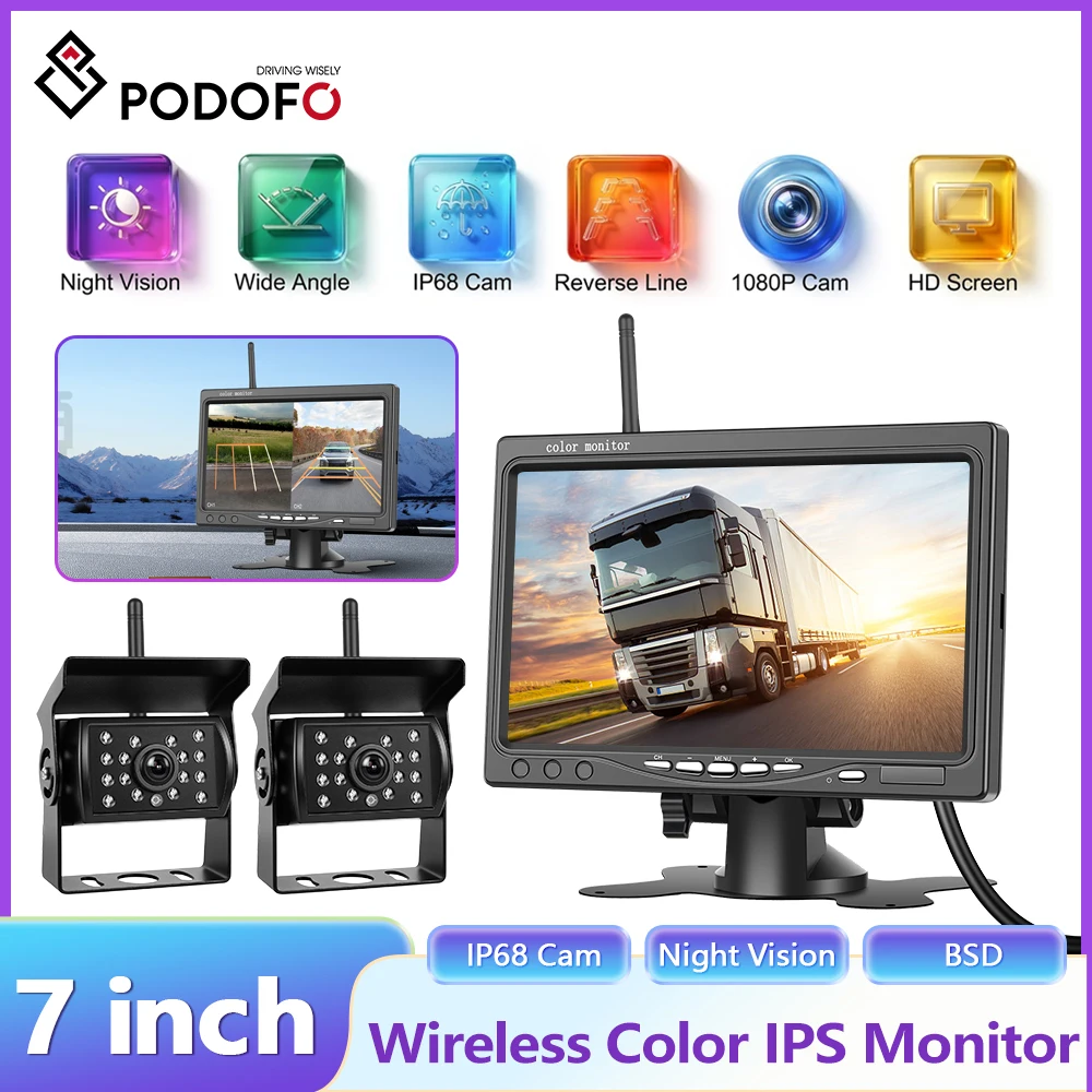 Podofo7 IPS Auto-Monitor und Kabellose Doppel-Rückfahrkameras Nachtsicht 1080P Backup-Parkkamera für Wohnmobil LKW Anhänger Bus Image