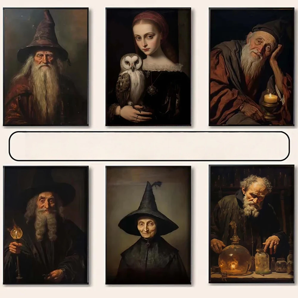 Dark Academia Art The Witch Wizard Posterdrucke für Wohnzimmer, Heimdekoration, Gothic Magic World, Leinwandgemälde, Wandkunst