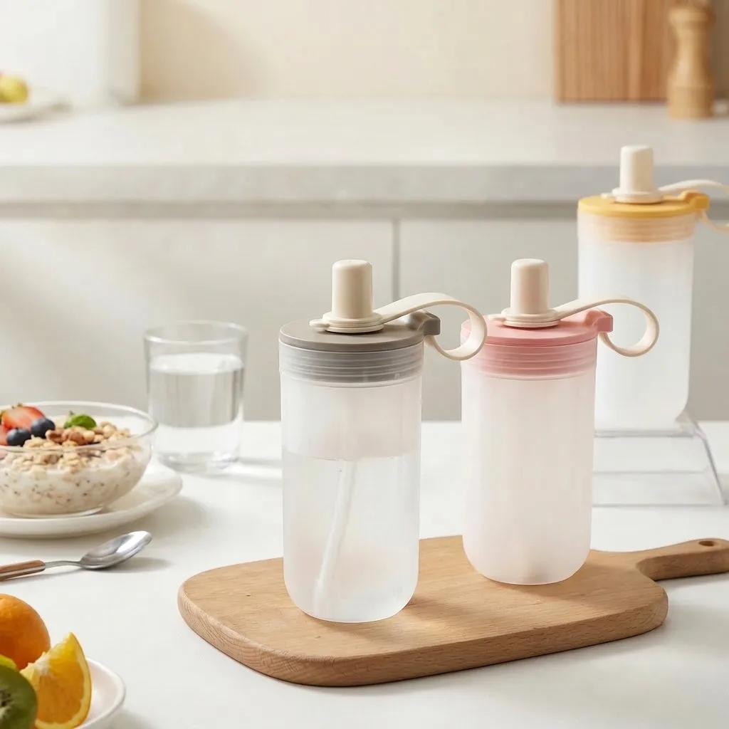 Transparenter Kunststoff-Becher für Tee, Milch, Kaffee, tragbarer Becher für kaltes und heißes Wasser mit Strohhalm und Griff, auslaufsicherer Trinkbecher für Studenten