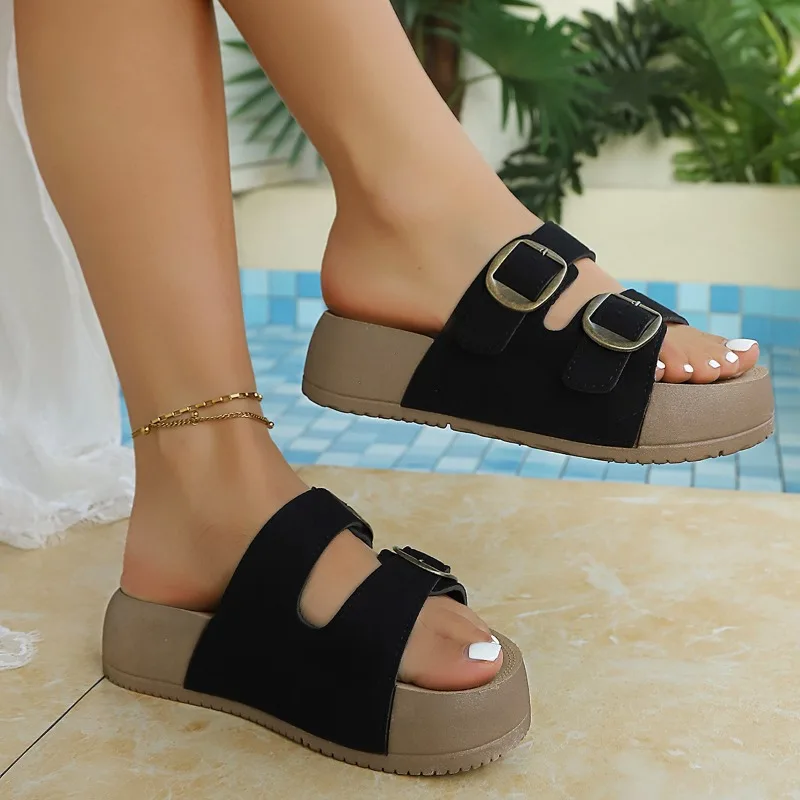 Damen-Slipper Sommer Neu Lässig mit Schnalle Damenschuhe Retro-Trend-Slipper Strand-Slipper Rundkopf-Flip-Flops