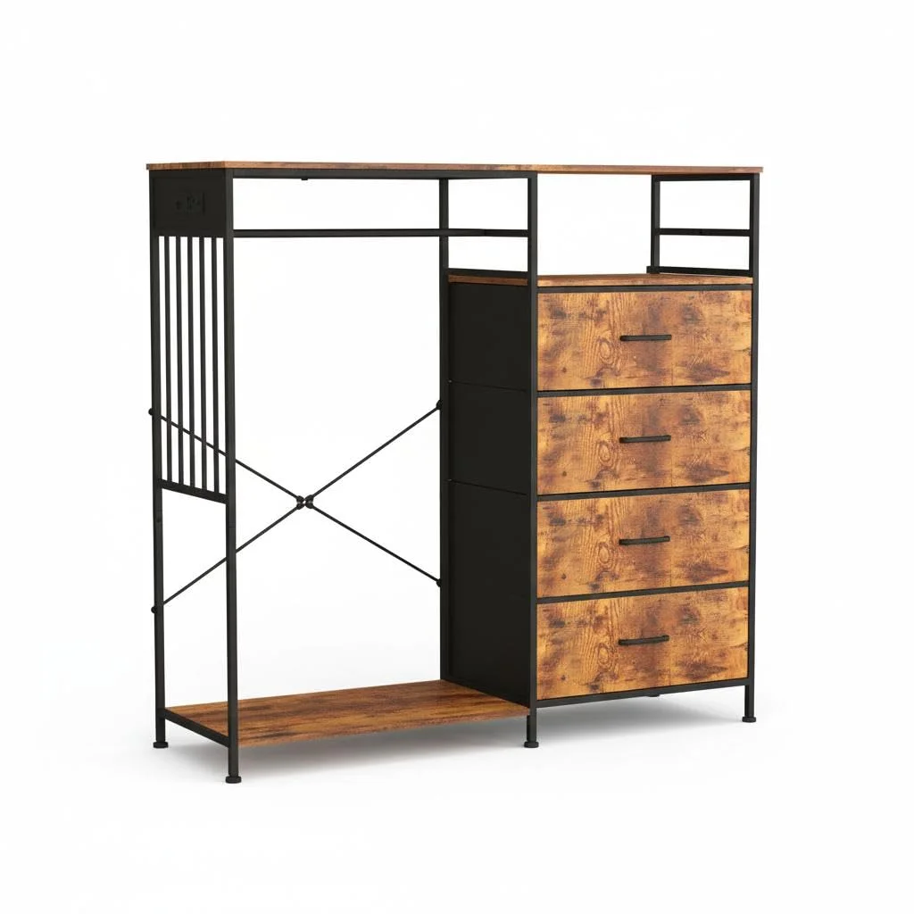 GarveeHome - Kleiderschrank für Schlafzimmer mit 6 Schubladen, LED-Beleuchtung und Ladestation, robuster Eisenrahmen und Holzoberfläche, Kleiderschrank, 125 x 40 x 120 cm, Farbe