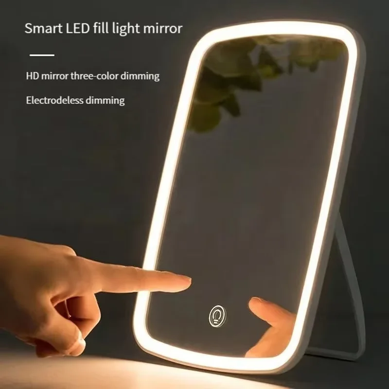 LED-Schminkspiegel mit Ständer, zusammenklappbar, kompakt, quadratisch, für Reisen, Kosmetik, tragbar, beleuchteter Kosmetikspiegel, Touchscreen-Tischplatte