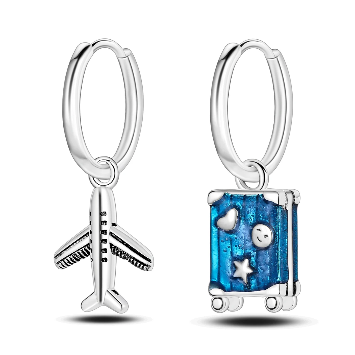 925 Sterling Silber Asymmetrische Flugzeug-Gepäck Anhänger-Ohrringe für Frauen Emaille Reise-Thema Niedlicher Modeschmuck Geschenk Image