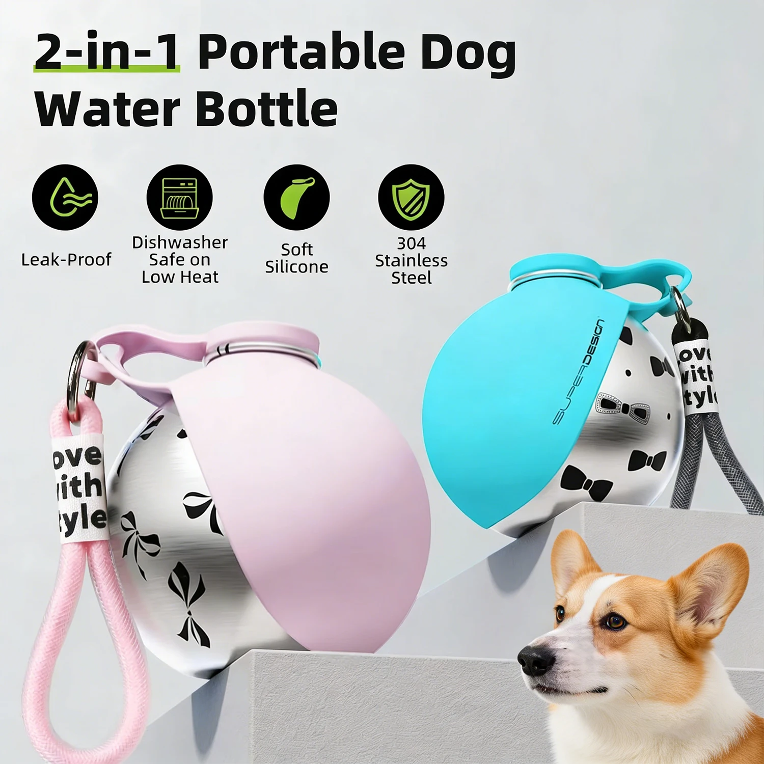 2-in-1 tragbare Hundetrinkflasche — Auslaufsichere und kompakte Reiseflasche — Edelstahlgehäuse mit Silikon-Zubehör Image
