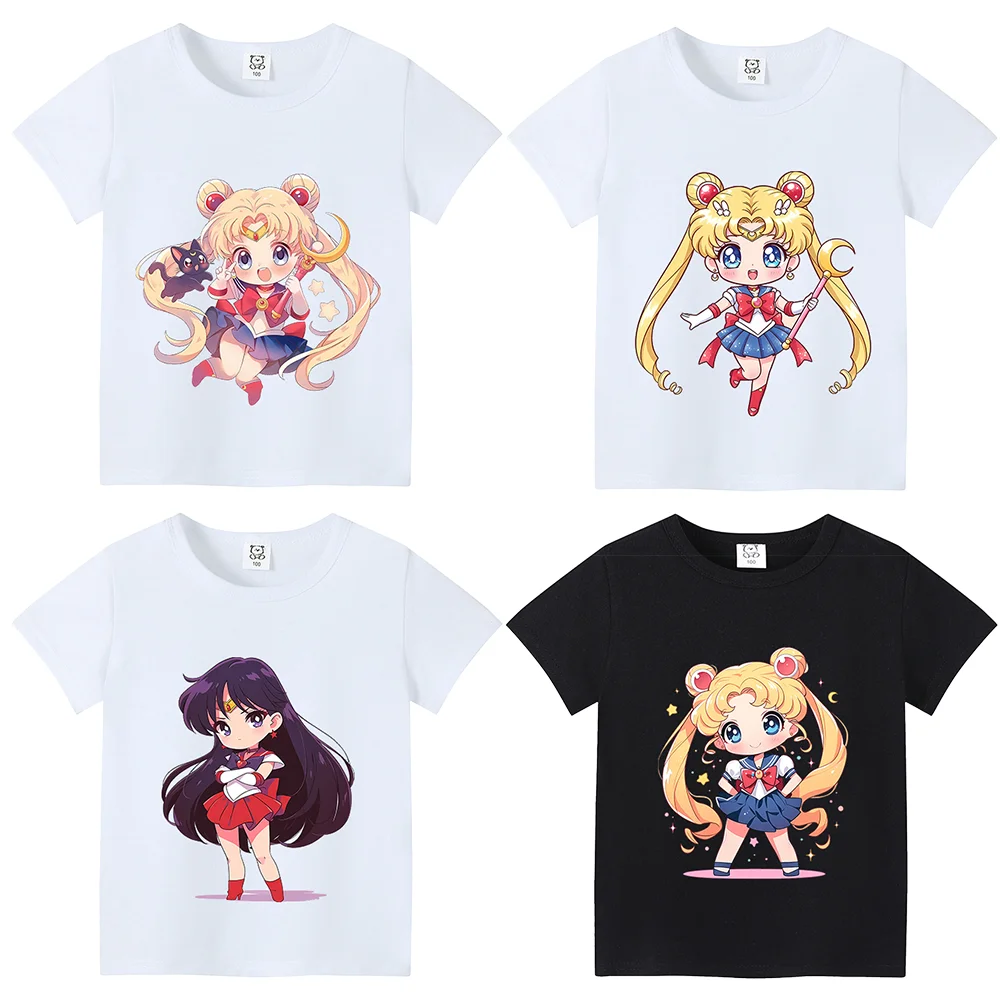 Sailor Moons Anime-Figur bedrucktes Cartoon-T-Shirt für Mädchen, Kleidung, Kawaii-Kinder-Baumwolloberteile, Sommer, lässige Sport-Outfits, Geschenke Image