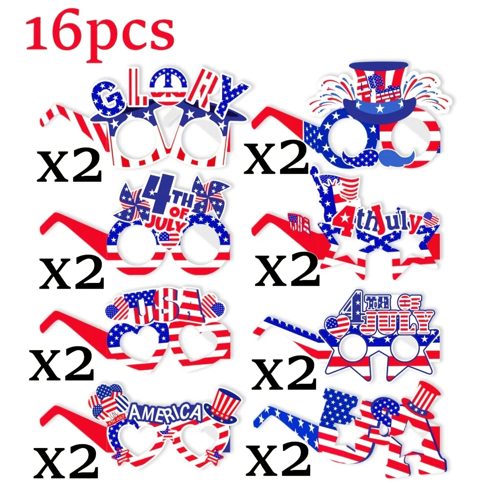 16 Stück Bestseller USA Unabhängigkeitstag Papierbrillen Patriotische DIY-Partydekoration Foto-Requisiten für Jubiläumsfeiern Image