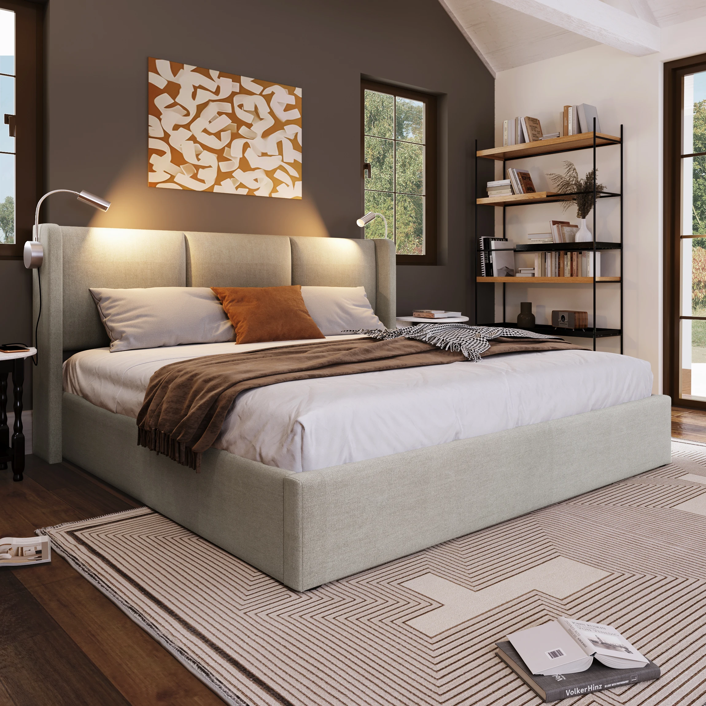 Comanlai 160×200 cm Gepolstertes Doppelbett, mit Stauraum, Hydraulisches Bett mit Leselampe und Lattenrost, Leinen, Beige Image