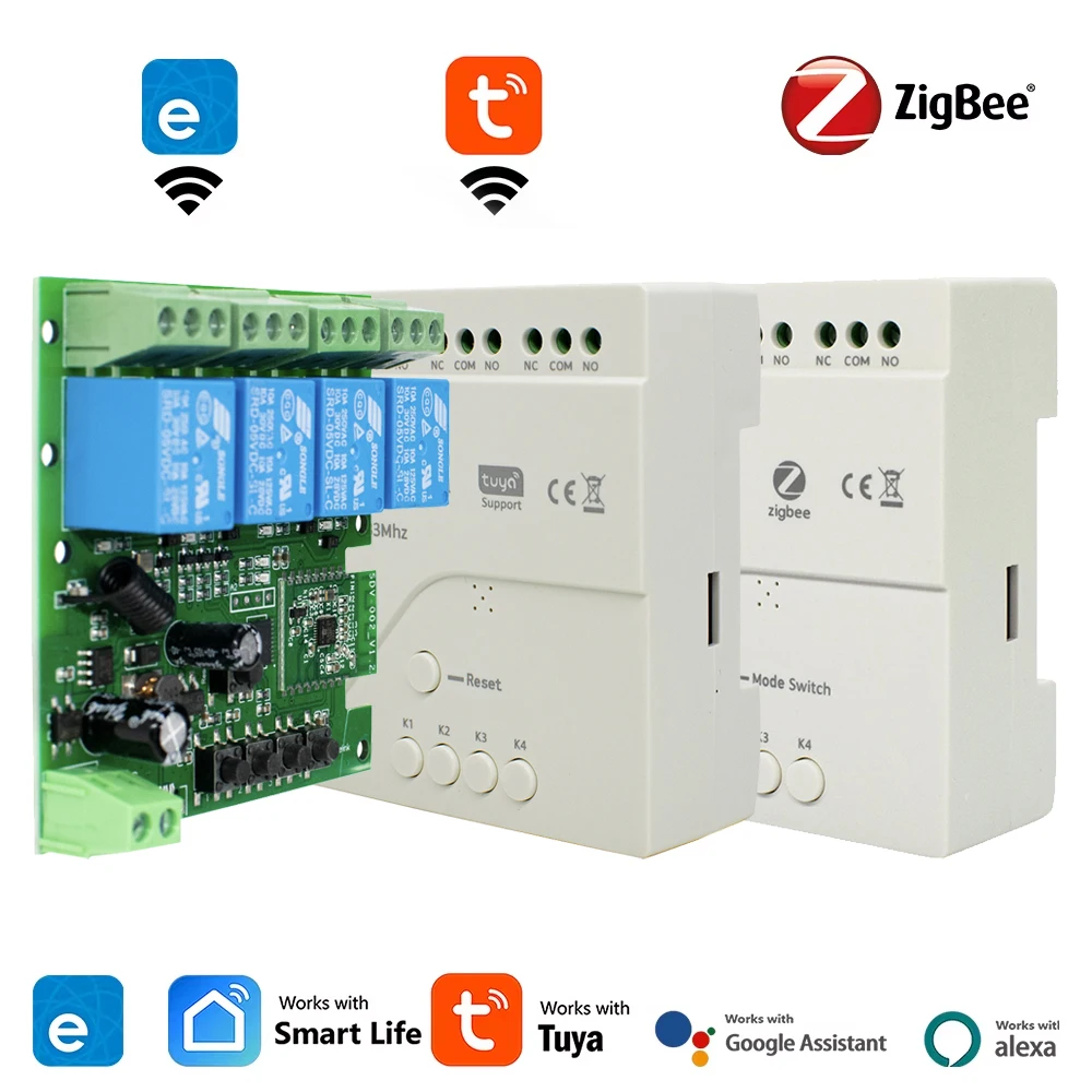Tuya Smart Life / Ewelink 4-Kanal-Relaisschalter WiFi / Zigbee 4CH Modul AC DC 7-32V 85-250V RF433 Drahtlose Fernbedienung für Alexa Image