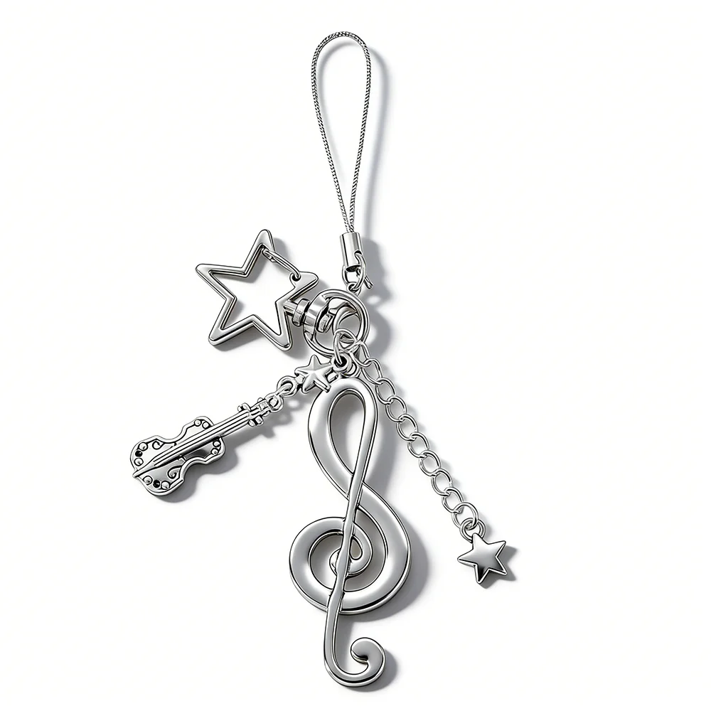 Kreativer Schlüsselanhänger mit Musiknoten und Geige, Sternverschluss, Musiksymbol-Schlüsselring für Damen, Handtaschen, Rucksäcke, Geschenke Image