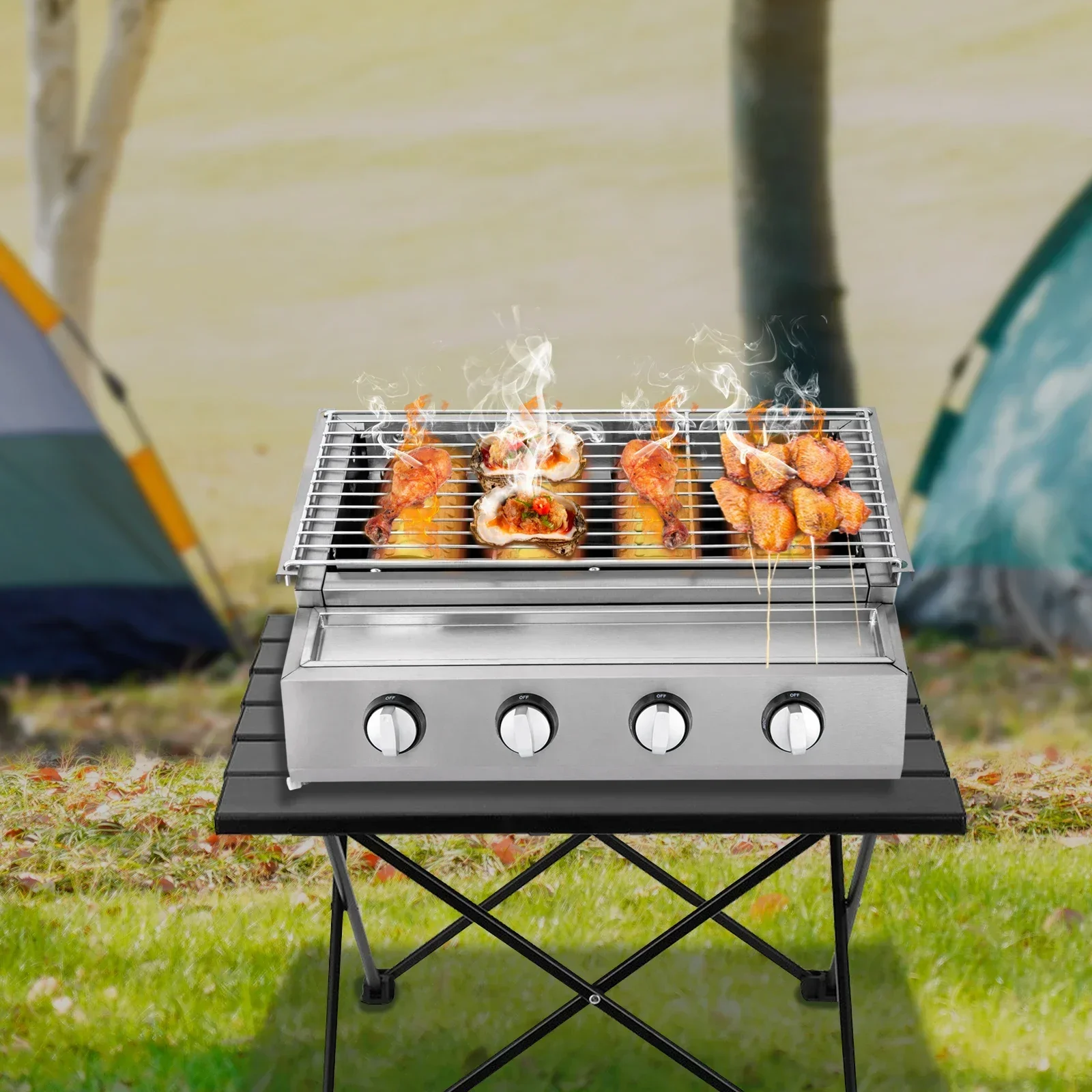 58 x 40 x 20 cm Gasgrill mit 4 Brennern, Edelstahl, LPG-Gasgrillplatte, BBQ-Tischgrill für Picknick, NEU Image