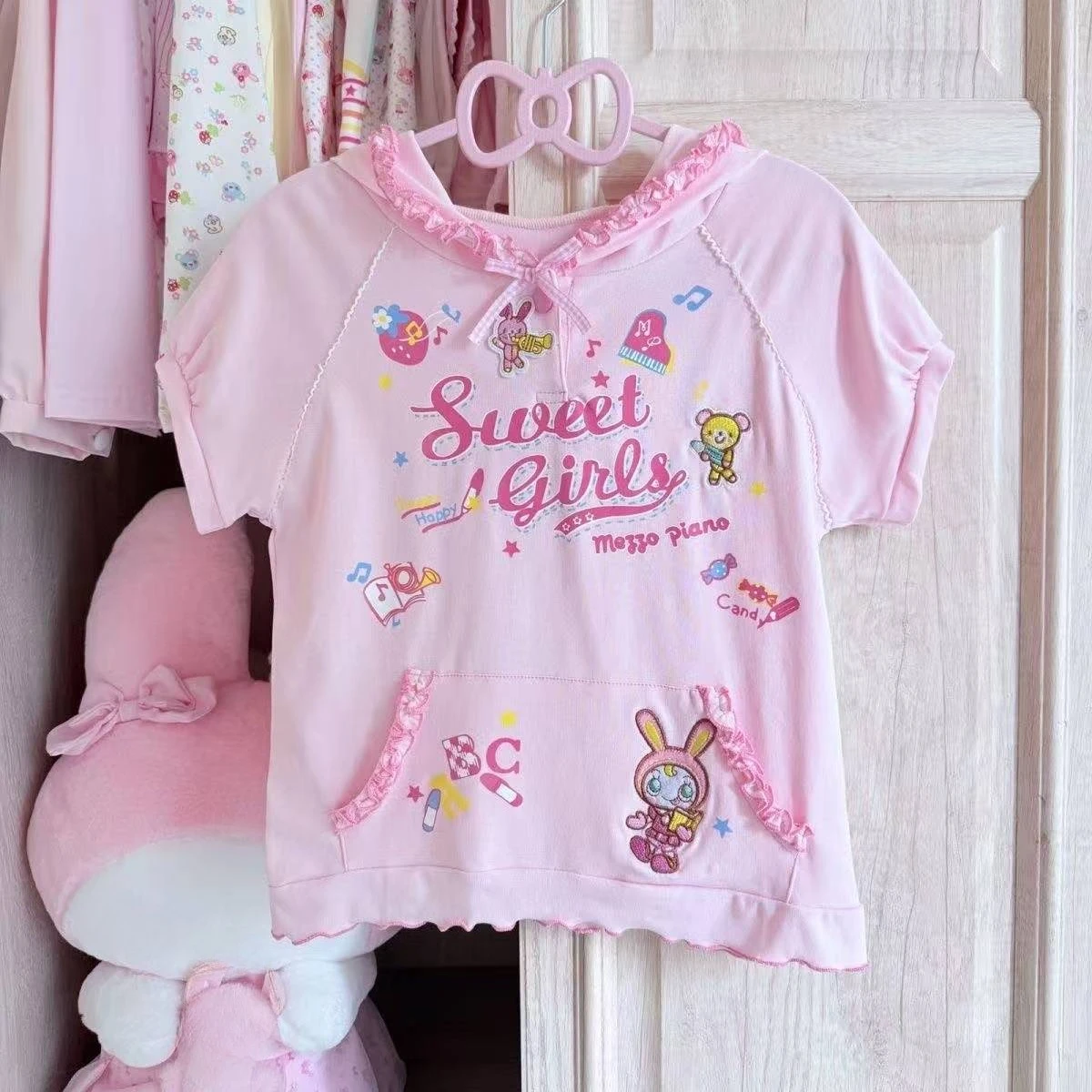 Süße japanische Lolita Kurzarm-Tops für Damen, Y2K Fairy Grunge Patchwork T-Shirt, Harajuku Rüschen Ästhetik, Lässige Alltagsmode Image