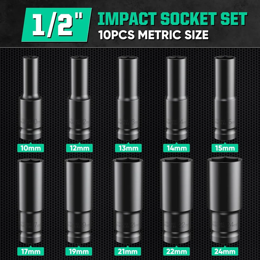 1/2-Zoll-Steckschlüsselsatz mit 6-Kant-Antrieb, 10-20 Stück/Set, 8-32 mm metrische Größen, Schlagschlüsselsatz aus Kohlenstoffstahl mit Hartschalenkoffer Image