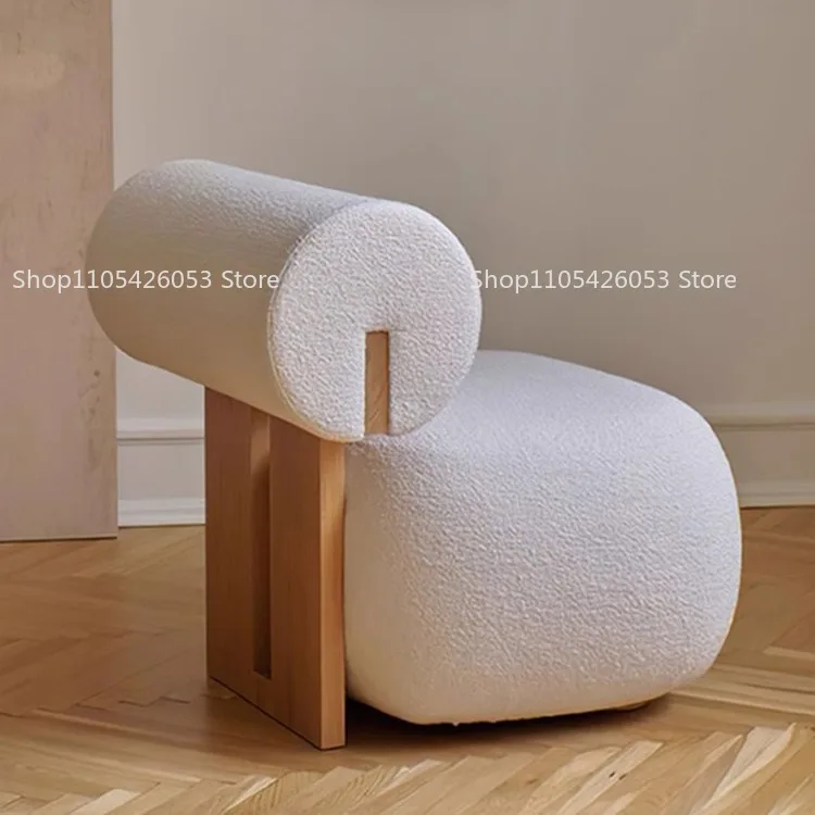 Nordischer Massivholz-Sofa-Sessel, Modern, Luxuriös, Cremefarbener Stil, Wohnzimmer-Lammfell-Sessel, Hippo-Stuhl, Einzelsessel, Lässiger Sessel