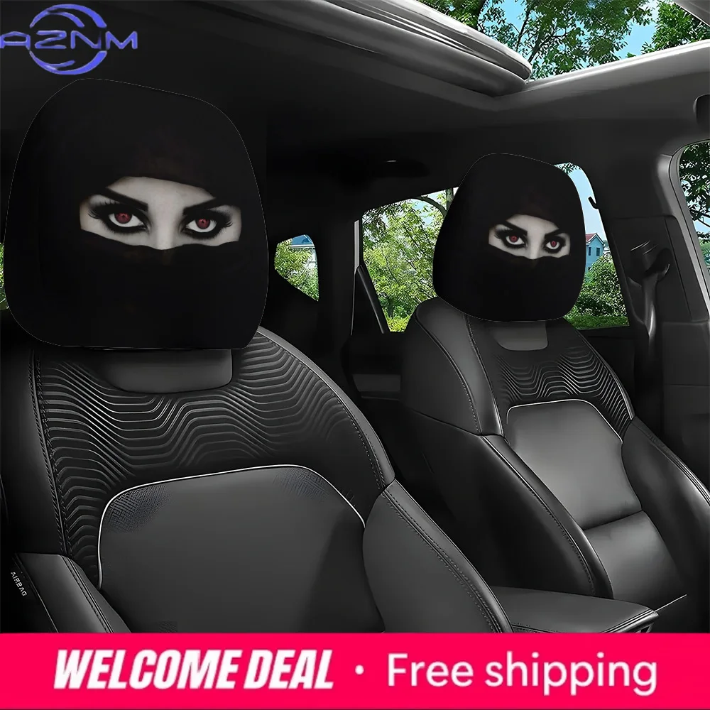 2 Stück bedruckte Auto-Kopfstützenbezüge mit Mysterious Veil Red-Eyed Girl-Motiv | Polyester, Strickstoff, Ohne Polsterung, Einfach zu Installieren und zu Waschen Image