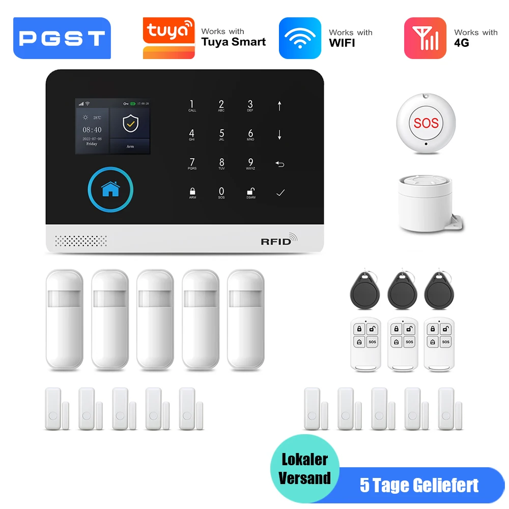 PGST Alarmanlage Einbruchschutz WiFi 4G Works with Tuya Smart Life kabelloses Sicherheits Set für Zuhause Gewerbe Tür Fenster Sensoren Fernüberwachung per Smartphone