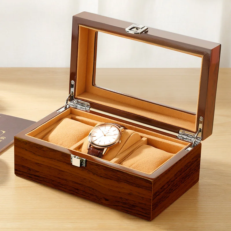 Schwarze Luxus-Uhrenbox mit Holzmaserung für Herren 3 Fächer Quarz- und Mechanische Uhren Aufbewahrungsbox Image