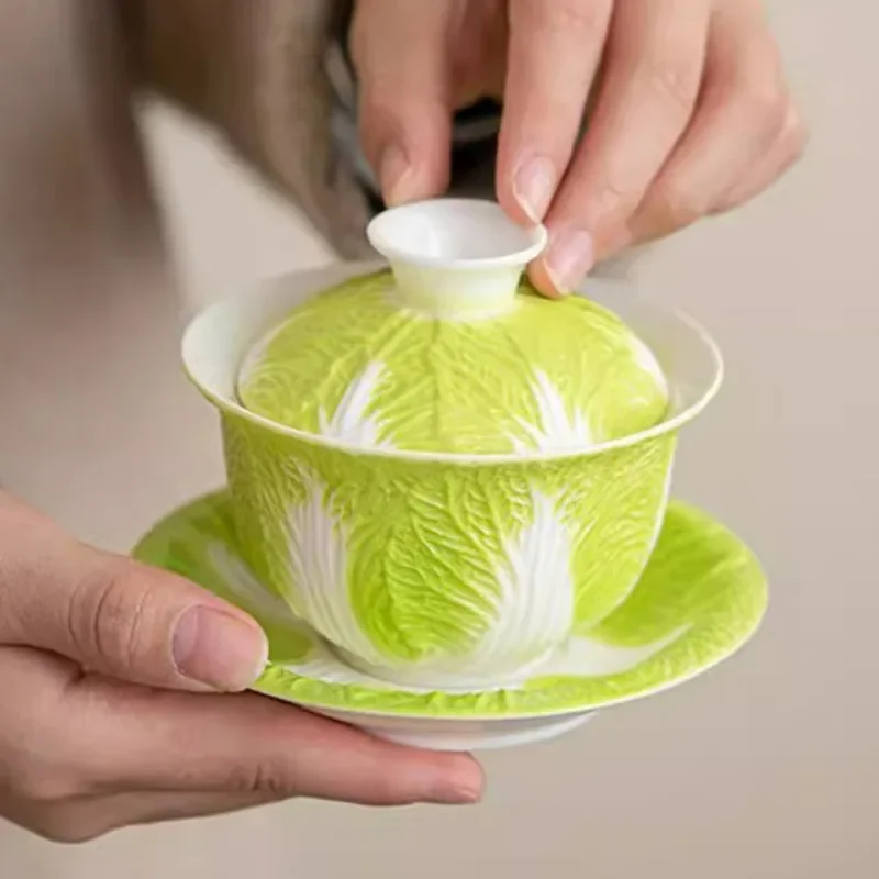Chinesische Porzellan-Gaiwan-Teetasse, Weißes Porzellan mit Glückskohl-Design, Kung-Fu-Tee-Set, Geschenk für Zuhause und Büro Image