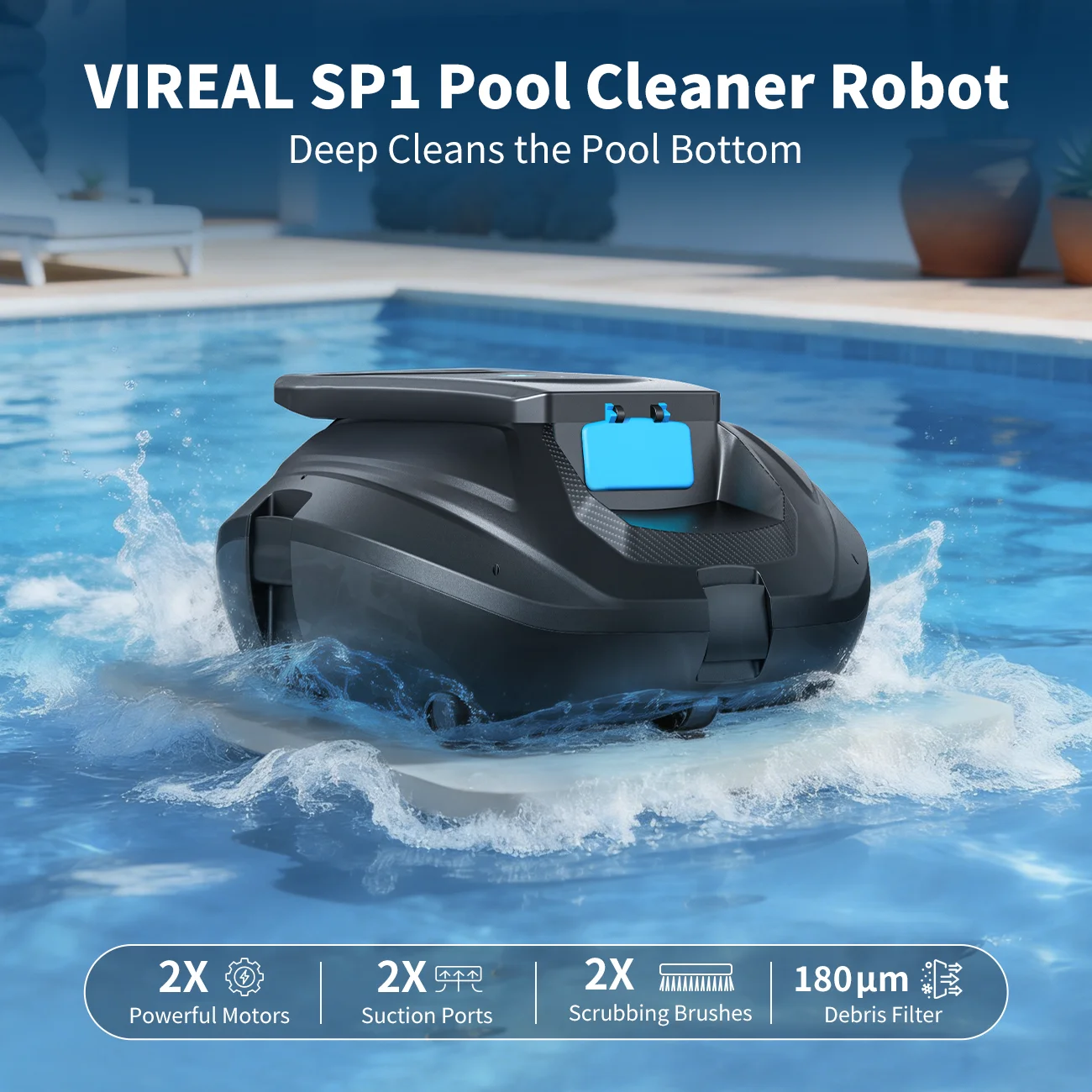 Roboter-Poolreiniger VIREAL SP1, Ein-Klick-Start, Automatische Parkfunktion, 130 Minuten Laufzeit, Ideal für Aufstell- und Einbau-Pools mit flachem Boden Image