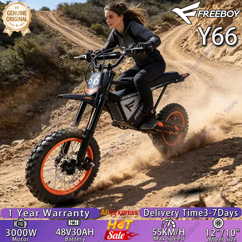 FREEBOY Y66 Elektromotorrad 3000W Leistungsstarker Motor 48V30AH Lithium-Batterie Höchstgeschwindigkeit 55km/h E-Bike Hydraulische Bremse Elektrofahrrad 12/10 Zoll Offroad-Reifen All-Terrain Image