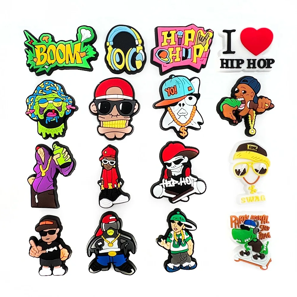 16 Stück Hip-Hop-Rock-Stil Schuh-Charms, Cartoon-Clogs-Sandalen-Dekoration, PVC-Schuhzubehör, Schnallen für Freunde, Partygeschenke