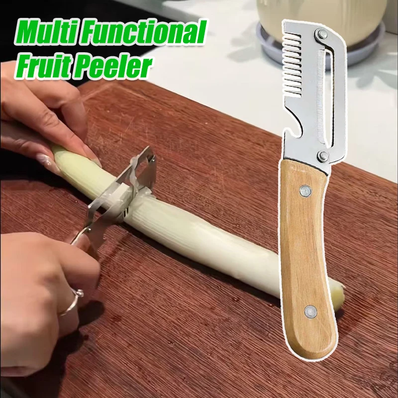 3-in-1 Edelstahl-Gemüseschäler mit Holzgriff Vielseitiges Küchenwerkzeug zum Schälen und Zerkleinern von Obst und Gemüse Image