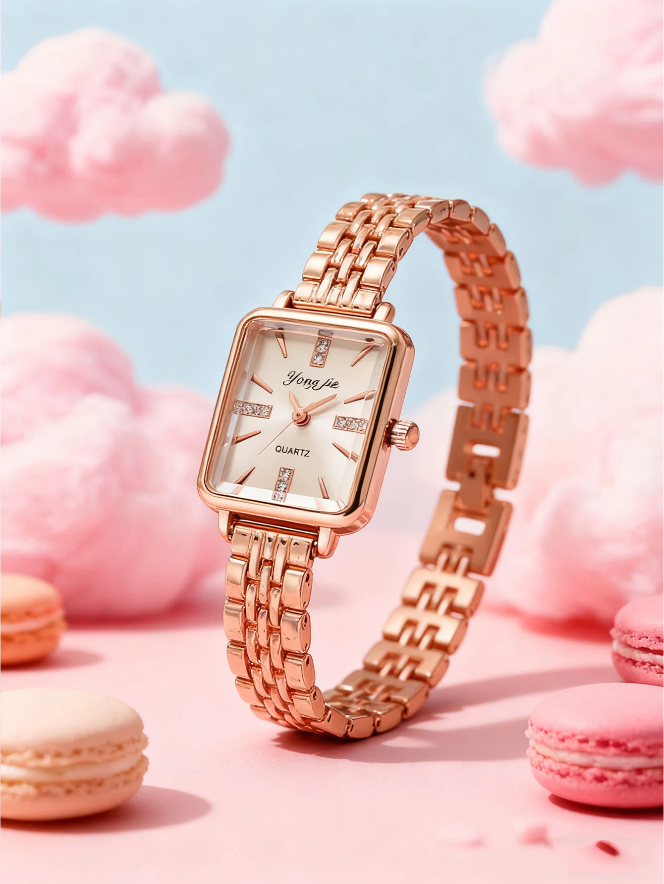 Elegante Roségold Quadratische Damenuhr, Zifferblatt mit Diamant-Akzenten, Luxuriöses Edelstahlarmband, Quarz-Armbanduhr Image